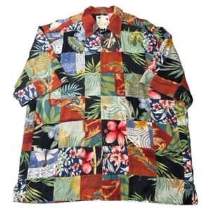 Banana Cabana Patchwork Tropical 100% Silk Button Up Men's Shirt Size XL